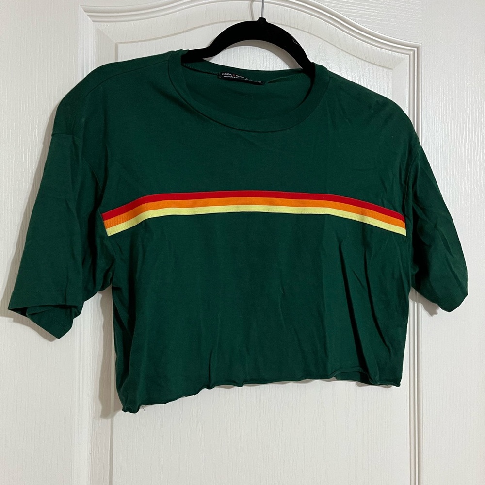 Green Crop Top with Red, Orange, Yellow Stripe